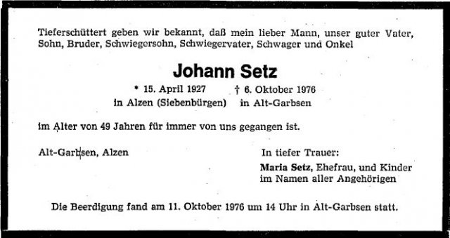 Setz Johann 1927-1976 Todesanzeige